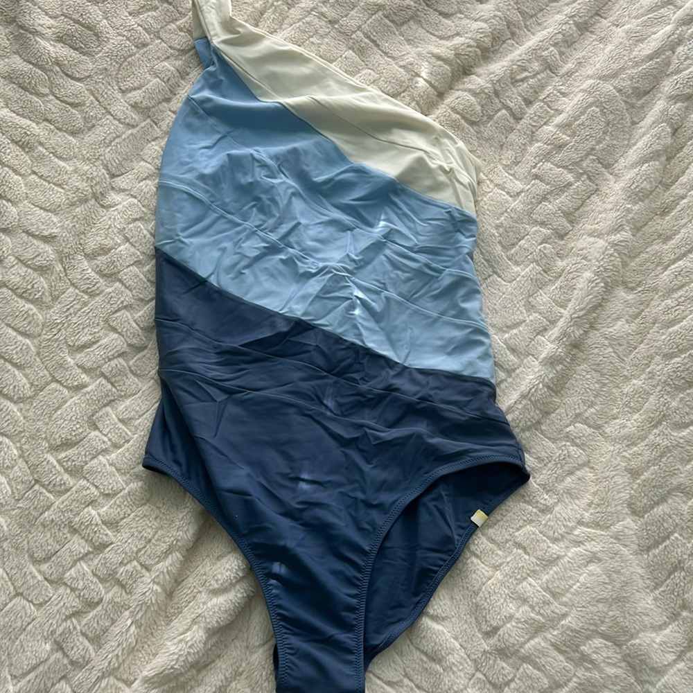 Summersault blue and white one shoulder bathing suit